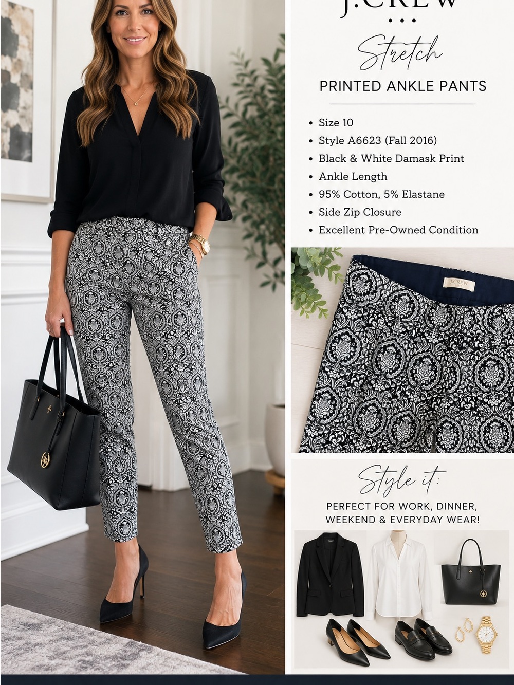 J. Crew Black & White Damask Stretch Ankle Pants